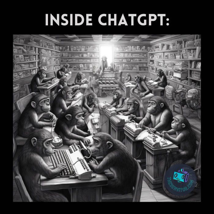 "Inside ChatGPT" - An editorial-style cartoon showing a room full of monkeys with typewriters.