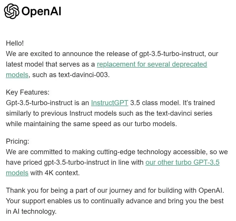A screenshot of an email from AI announcing the release of gpt-3.5-instruct