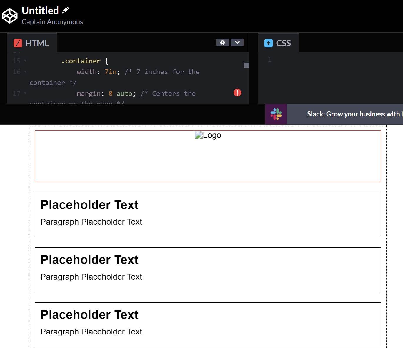 A screenshot showing HTML on codepen