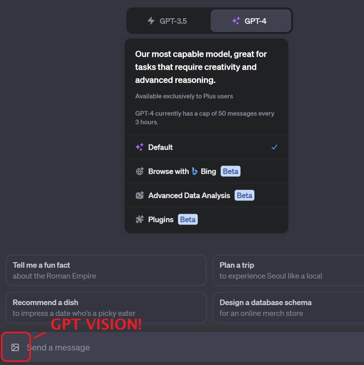A screenshot of ChatGPT showing the image icon for GPT Vision boxed in red.