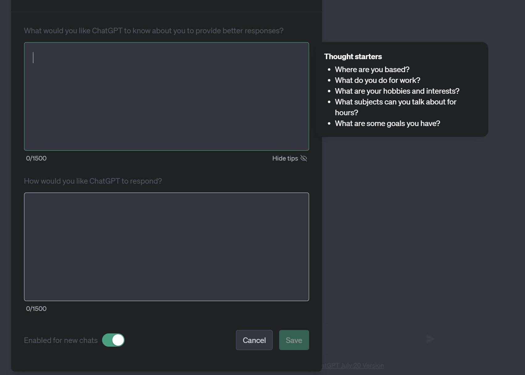 The new Customs Instructions screen, showing two 1500 character fields for your input.