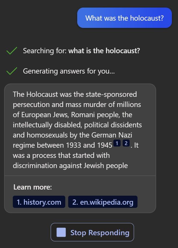 Bing's Response on the Holocaust