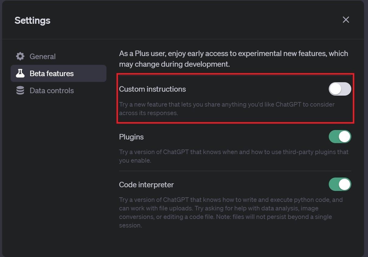 The Beta Features tab in ChatGPT's Settings menu. Toggle Custom Instructions on.