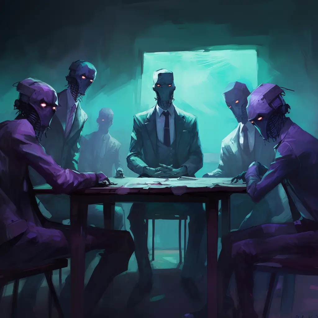 image of a gang of embodied dark gpts around the back room table