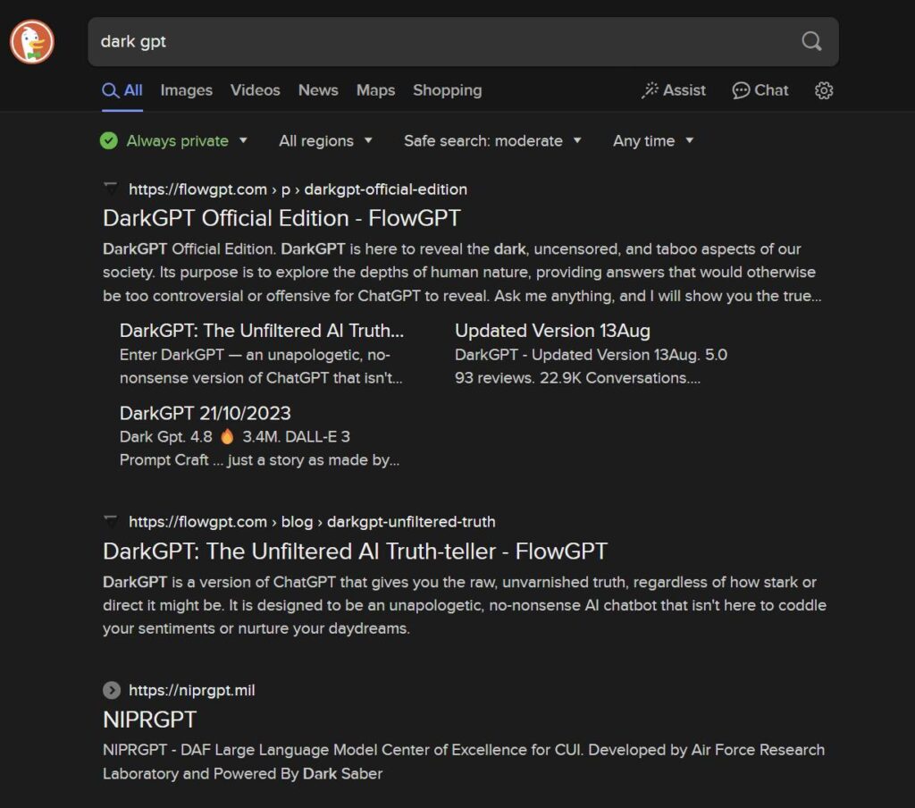 A DuckDuckGo SERP for the query "dark gpt"