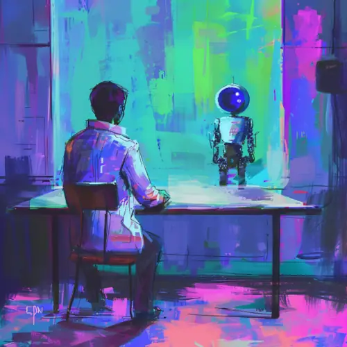 A small robot on a table is examined by a person in a lab coat.