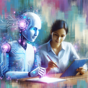 An AI and a person working together at a work desk.