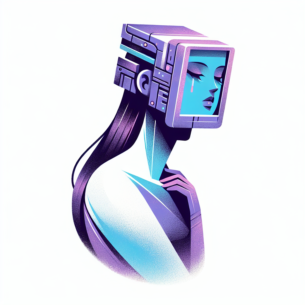 A beautiful girl with a computer head and shapely human body crying; stylized, done in rough brushstrokes in pastel colors of purple and blue-green and sky blue