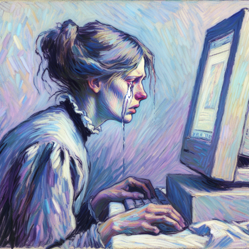 Woman looking at computer screen and crying; stylized, done in rough brushstrokes in pastel colors of purple and blue-green and sky blue