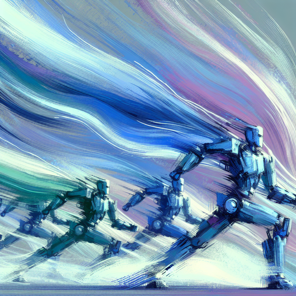 Wind blowing down a row of robots; stylized, done in rough brushstrokes in pastel colors of purple and blue-green and sky blue