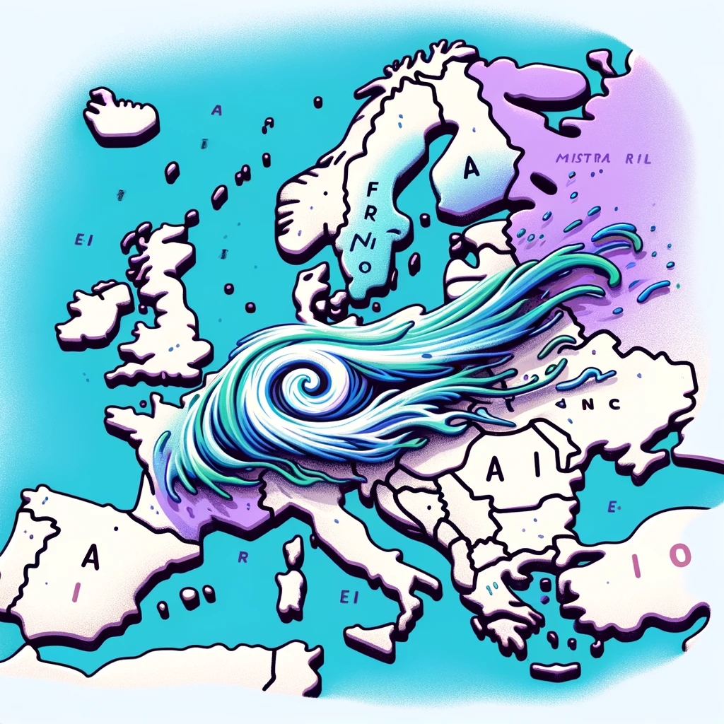 The swirling blue wind of Mistral AI blows out of France across a map of Europe.