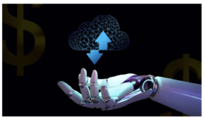 An android hand with a "cloud" symbol hovering over its upturned palm, large dollar signs in the background.