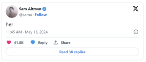 Screenshot of Sam Altman's infamous "her" Tweet.