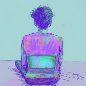A man seated with his back turned to a laptop