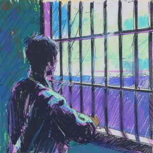A man stares out of a barred cell window. Image: Daniel Detlaf / Midjourney