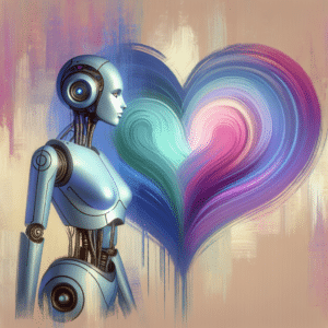 A robot standing beside an artistic depiction of love. Screenshot: Gina Gin / Dalle 3