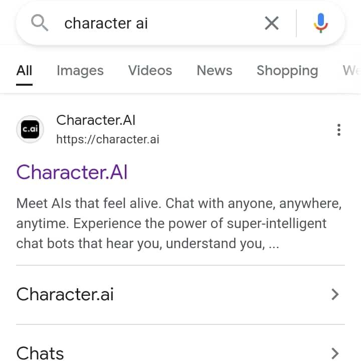 Character AI on Google SERP