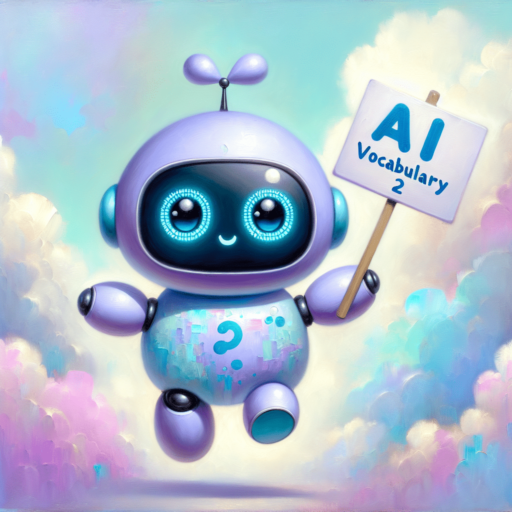 A cute robot holding up a sign that says "AI Vocabulary 2"