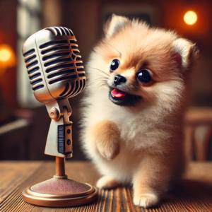 An adorable fluffy puppy looking at an old metal-grille broadcaster's microphone.