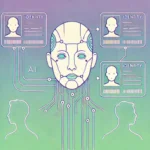 A graphic of an AI wireframe head surrounded by fake identities.